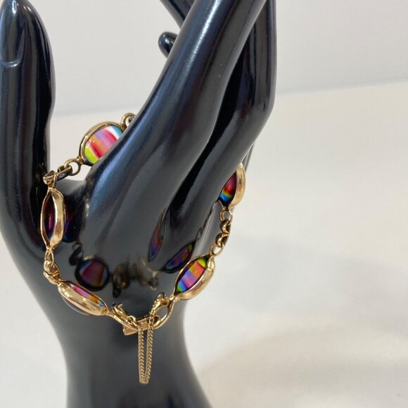 Sarah Coventry Gold-Tone Bracelet With Oval Rainbow Glass Cabochons & Safety Cha - Picture 10 of 14
